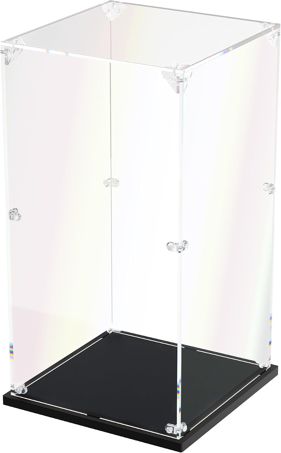 Clear acrylic display box holding a round superhero shield brick model – view 13