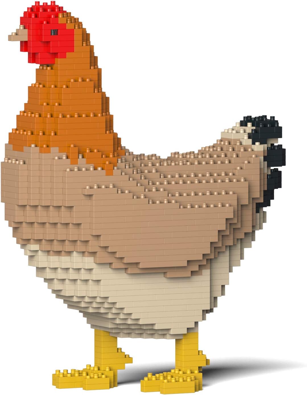 Brick-built brown hen sculpture with red comb standing upright