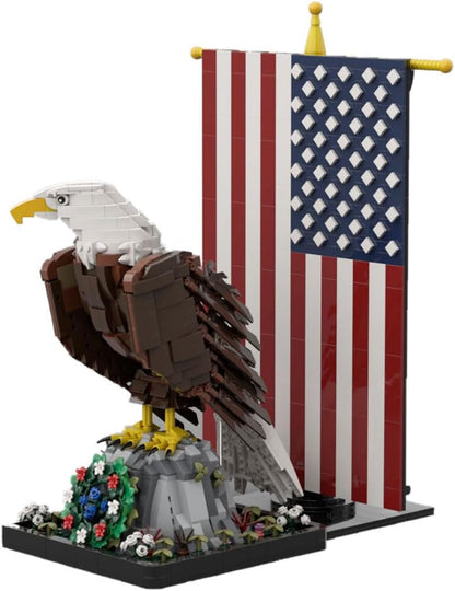 Built bald eagle brick sculpture with spread wings perched beside an American flag