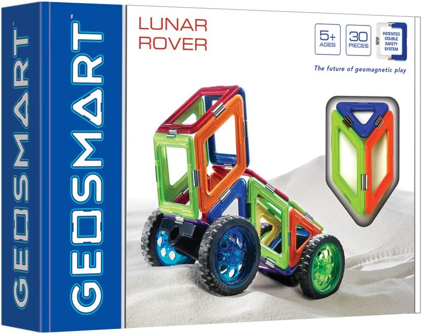 Colorful magnetic shapes built into a lunar rover with four wheels