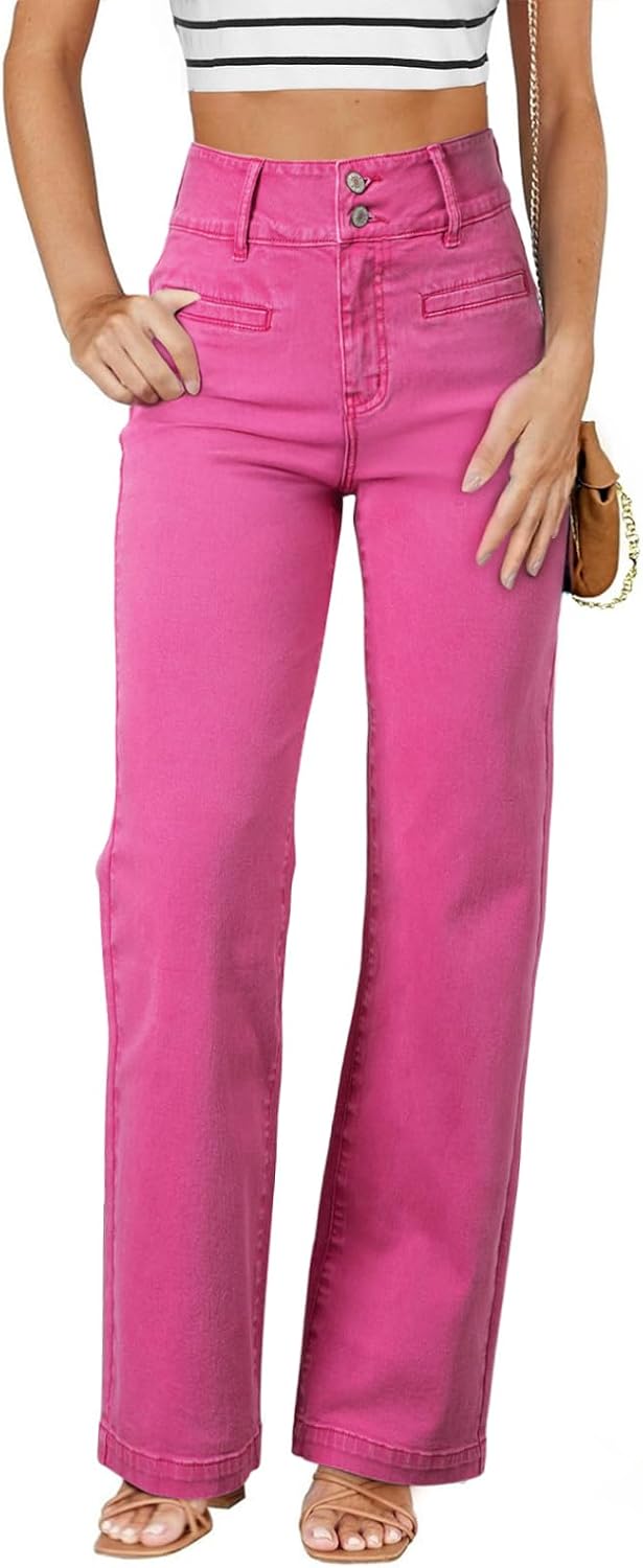 Women's High Waisted Straight Leg Jeans - Soft Stretch Denim with a Dual Button Closure and Pockets - 2
