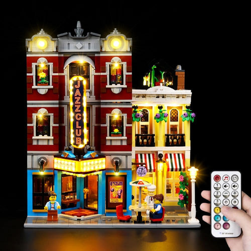 LED lighting kit glowing inside a jazz club modular brick building