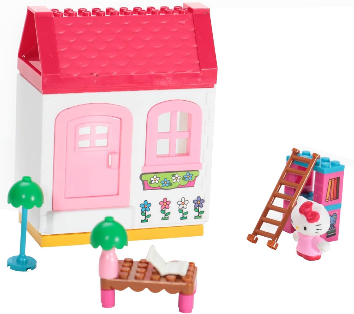 Buildable library playset with bookshelves and a kitten character figure