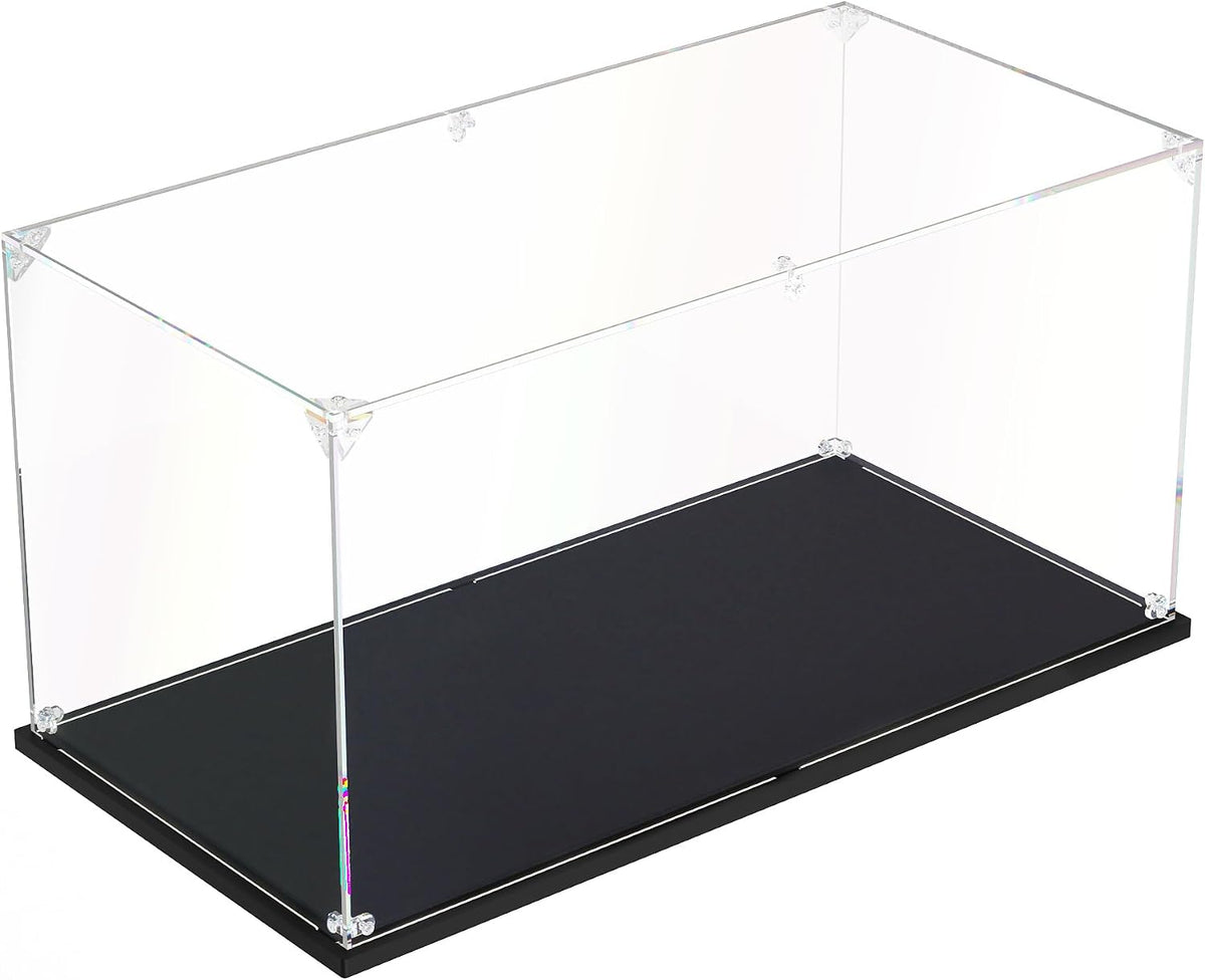 Clear acrylic display box holding a round superhero shield brick model – view 17
