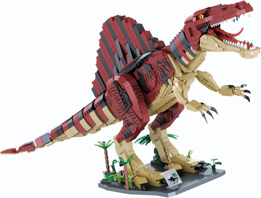 Built large Spinosaurus dinosaur brick model with sail back on a display base