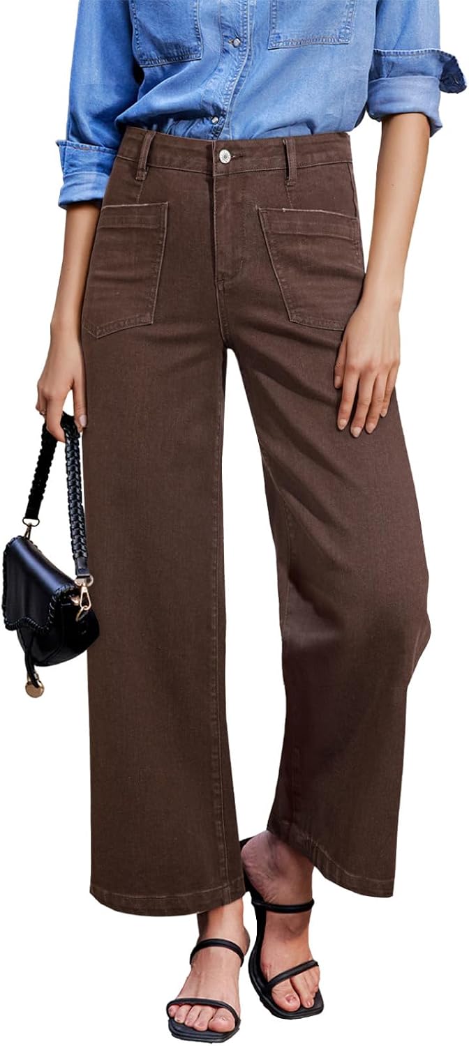 Women's Wide Leg Ankle Jeans - High Waisted Stretch Denim with Four Patch Pockets and Distressing - 4