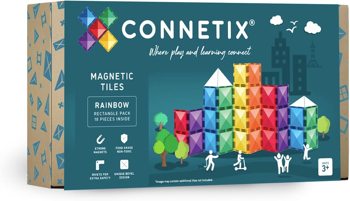 Eighteen translucent rainbow rectangle magnetic tiles fanned out