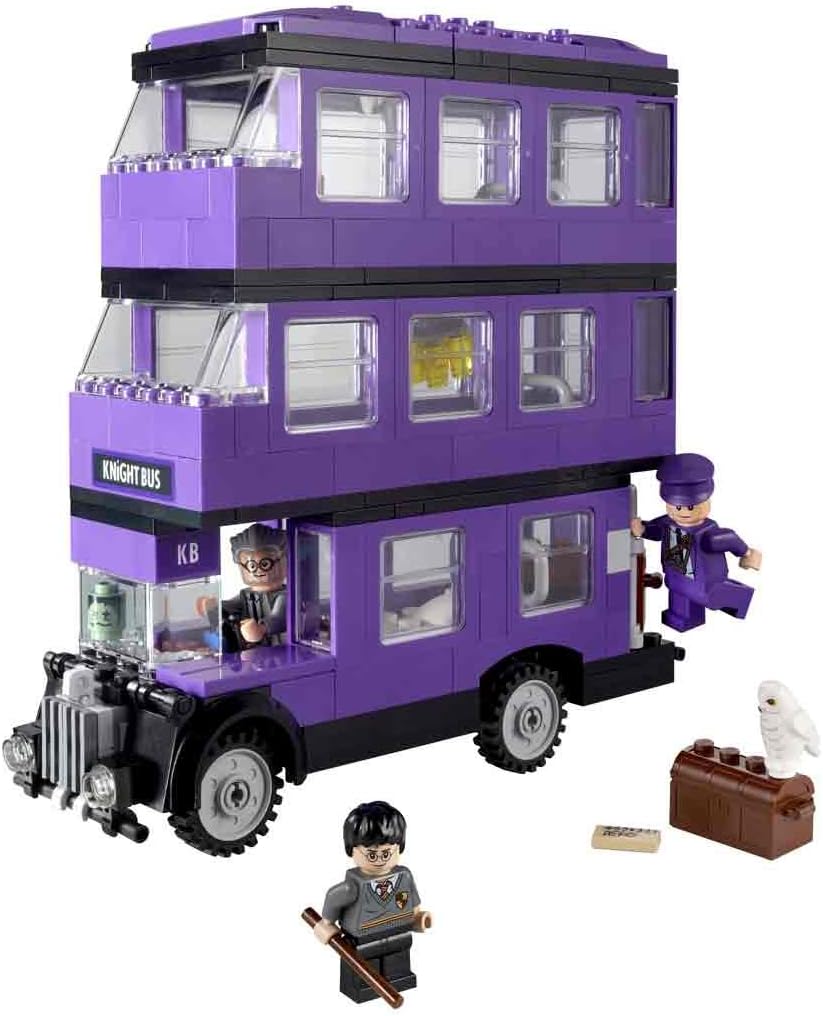 Brick-built purple triple-decker bus with three minifigures and an owl