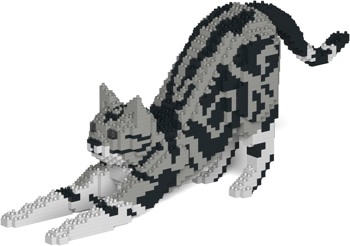 Silver tabby American Shorthair cat sculpture built from interlocking plastic bricks – view 3
