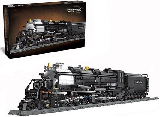 Long black brick steam locomotive with tender on a display track