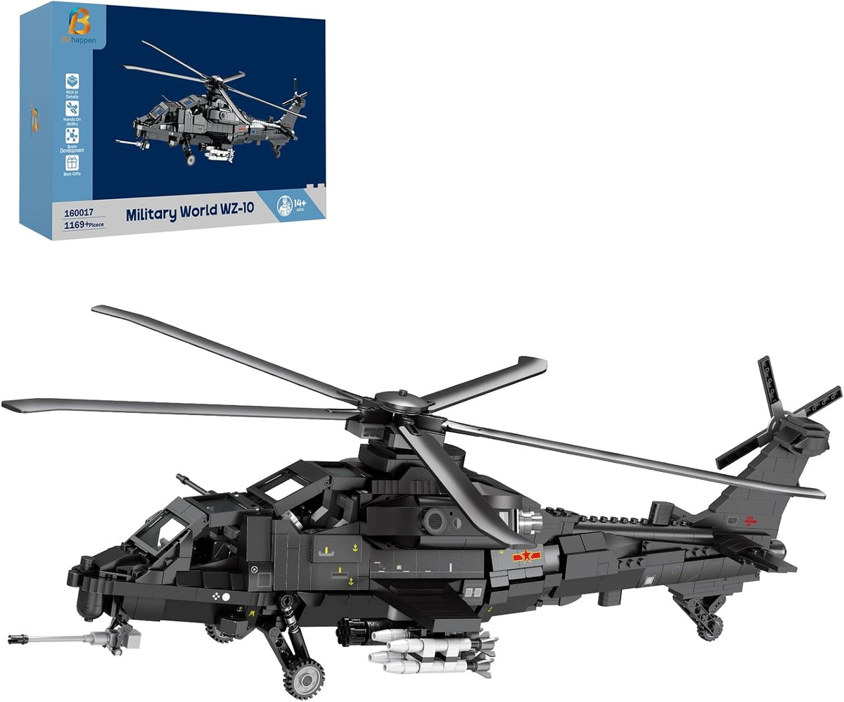 Brick-built modern attack helicopter with rotor blades, open cockpit and missiles under the stub wings
