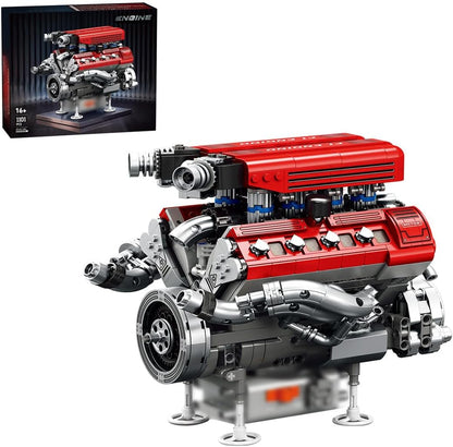 Brick-built silver V8 engine model with pistons on a display stand