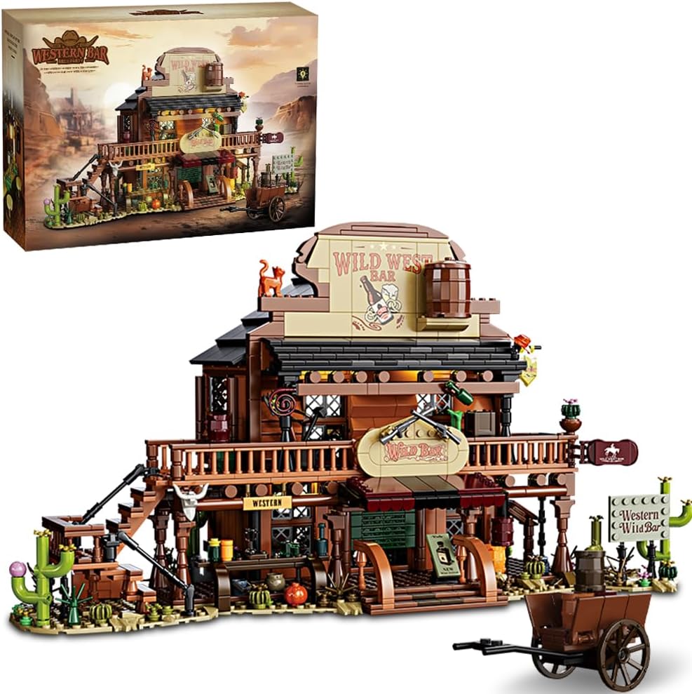 Brick-built Wild West saloon bar with wooden facade and balcony