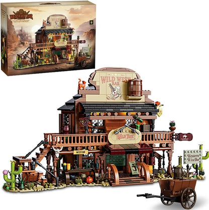 Brick-built Wild West saloon bar with wooden facade and balcony