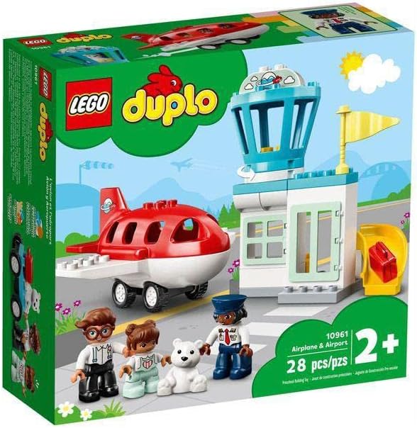 Large toddler brick airplane beside a control tower with luggage slide