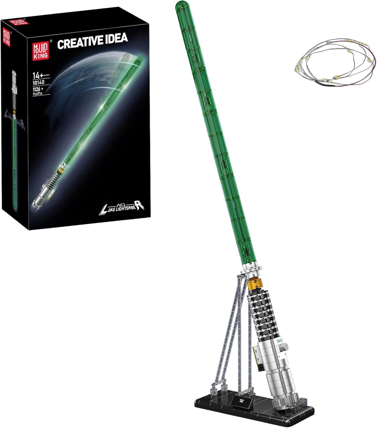 Brick-built light sword with glowing blade resting on a display stand