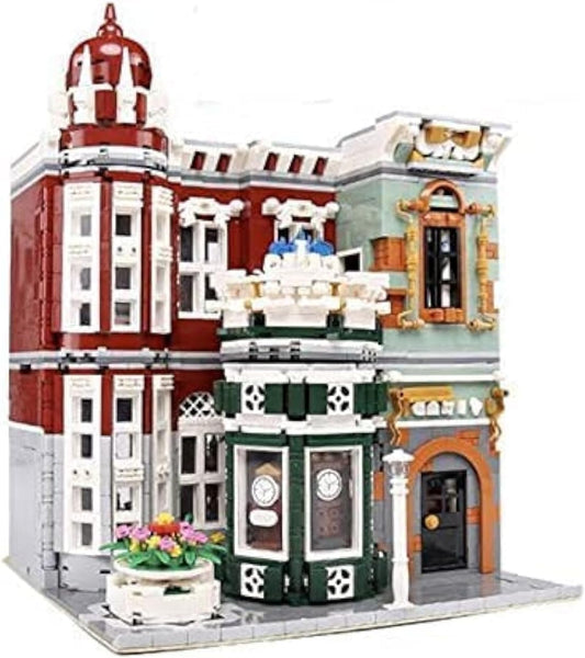 Lit brick-built vintage antique shop with European street facade