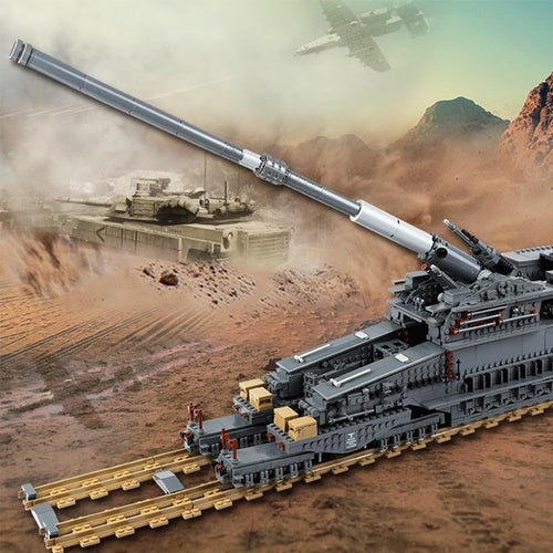 Brick-built WWII heavy railway gun on a long railway car