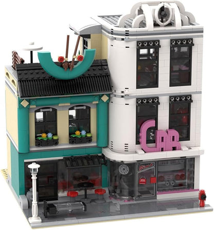 Built modular modern house brick model with garage, two buildings side by side – view 2