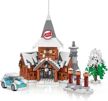Built snowy holiday bakery with red awning, fountain and snack stand – view 8