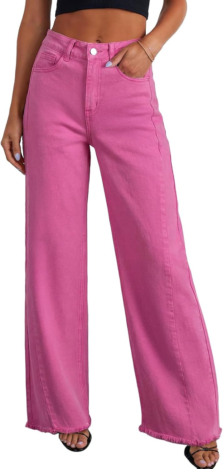 Women's High Waisted Wide Leg Jeans - Raw Hem Baggy Boyfriend Denim in Full Length for Daily Outfits - 4