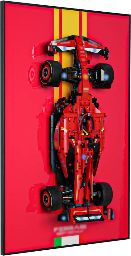 Large brick race car model mounted on a wall display board – view 4