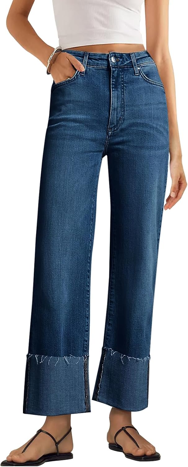 Women's High Waisted Wide Leg Jeans - Straight Leg Stretch Denim with Pockets for Everyday Outfits - 4