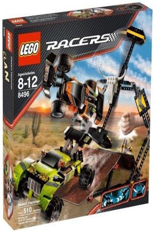 Two brick-built racers speeding up ramps past a swinging hammer with a cow skull