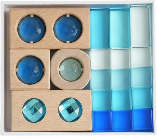 Wooden square and rectangle blocks with translucent blue acrylic lenses stacked