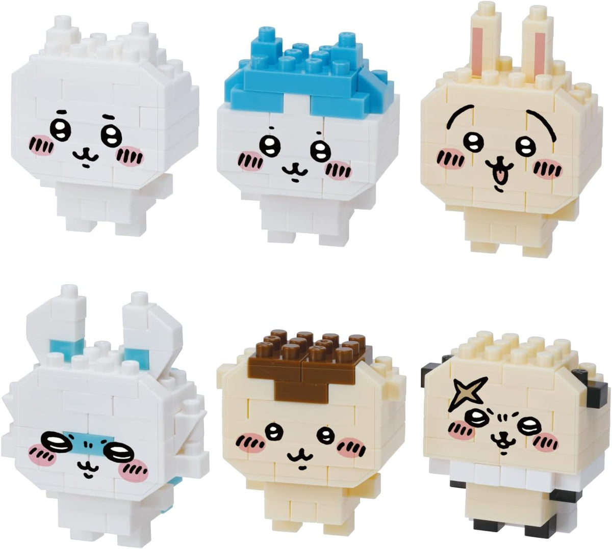 Six small micro brick character figures in white and pastel colors