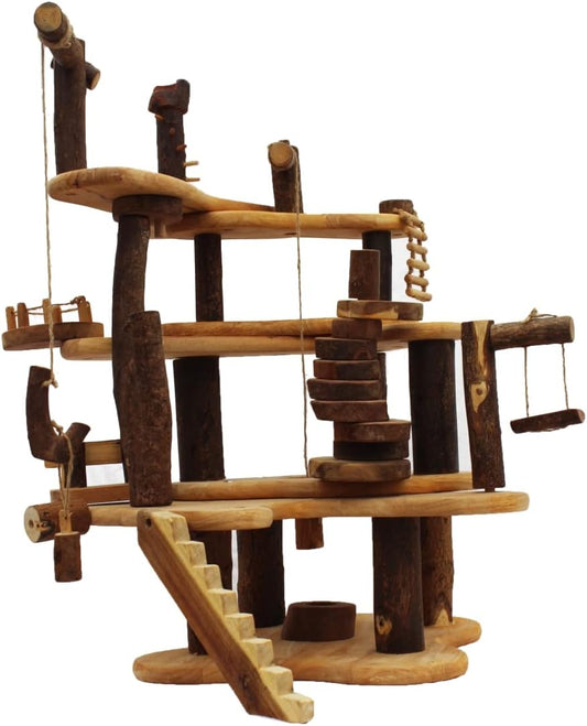Wooden treehouse with four platforms, a swing, rope ladder and small crane