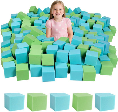 Pile of light blue 5-inch soft foam pit cubes – view 2