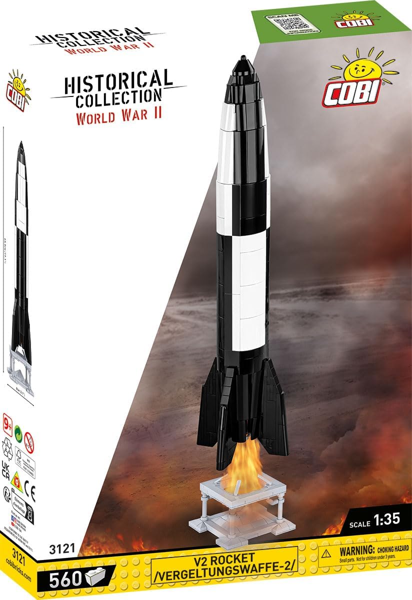 Brick-built WWII V2 rocket replica standing upright on its fins