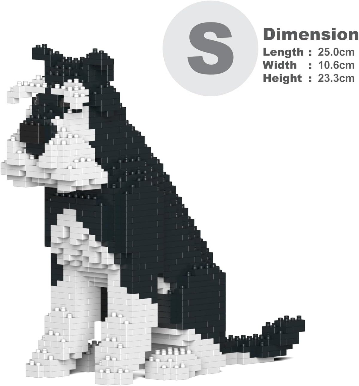 Built grey and white Schnauzer dog sculpture made from interlocking bricks