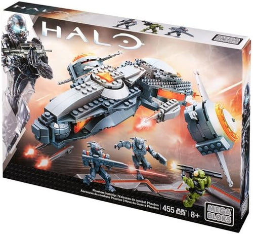 Brick-built alien gunship with front turret and beam cannons beside soldier micro figures