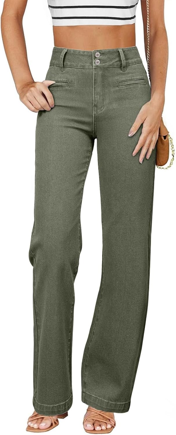 Women's High Waisted Straight Leg Jeans - Soft Stretch Denim with a Dual Button Closure and Pockets - 2