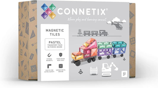 Pastel magnetic tiles connected into a small vehicle shape
