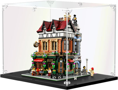 Clear acrylic display box holding a round superhero shield brick model – view 6