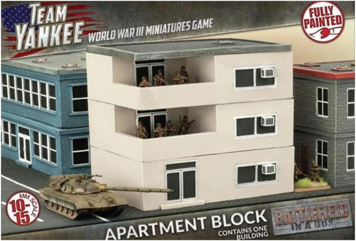 Multi-story apartment block wargaming terrain with rooftop air conditioning units