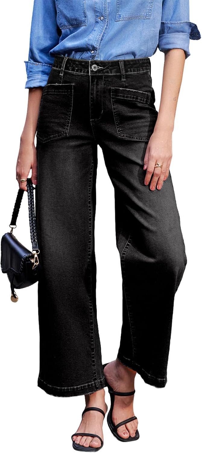 Women's Wide Leg Ankle Jeans - High Waisted Stretch Denim with Four Patch Pockets and Distressing - 4