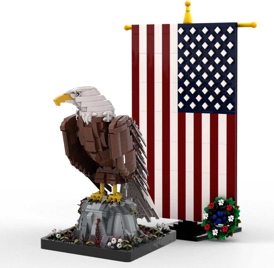 Built bald eagle brick sculpture with spread wings perched beside an American flag – view 2