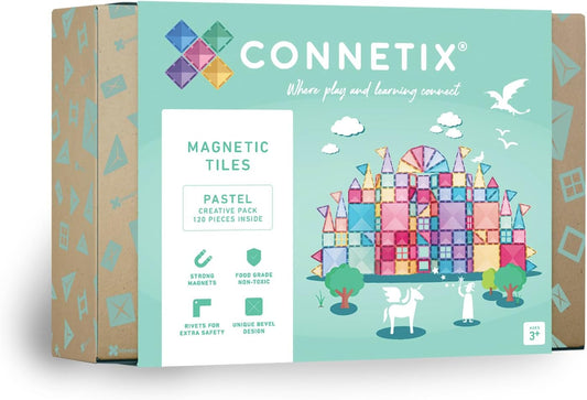 Pastel magnetic tiles built into a tower and small house shapes