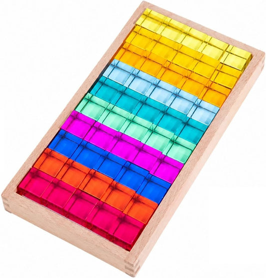 Beech wood and translucent colored acrylic blocks in a wooden tray