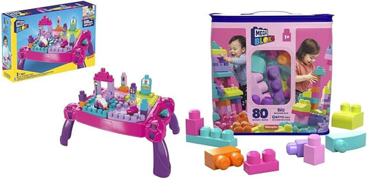 Pink folding toddler building table with big colorful building blocks