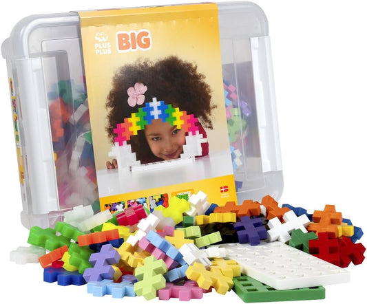 Tub of big interlocking pieces in neon and pastel colors with baseplates