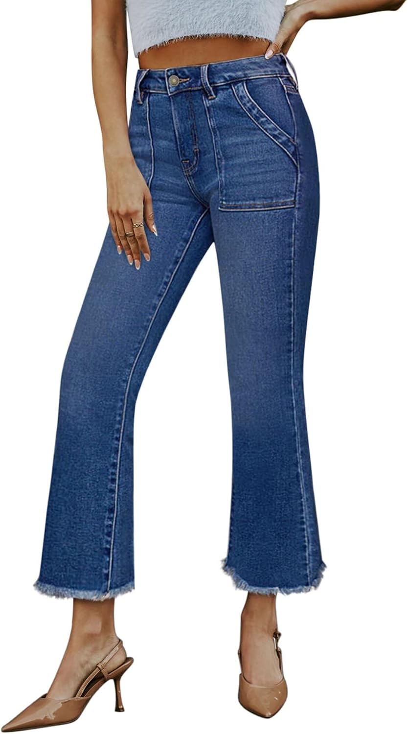 Women's Stretch Denim Flare Jeans - High Rise Raw Hem Ankle Crop with Bootcut Leg for Daily Wear - 4