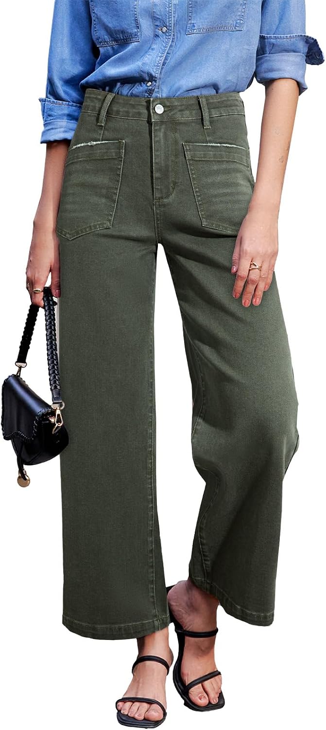 Women's Wide Leg Ankle Jeans - High Waisted Stretch Denim with Four Patch Pockets and Distressing - 2