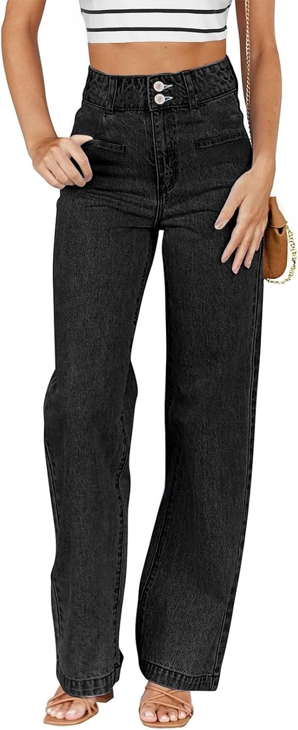 Women's High Waisted Straight Leg Jeans - Soft Stretch Denim with a Dual Button Closure and Pockets - 0
