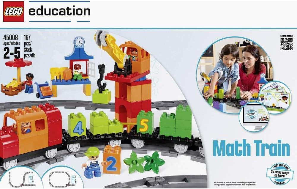 Large preschool brick train with crane and colorful cargo blocks