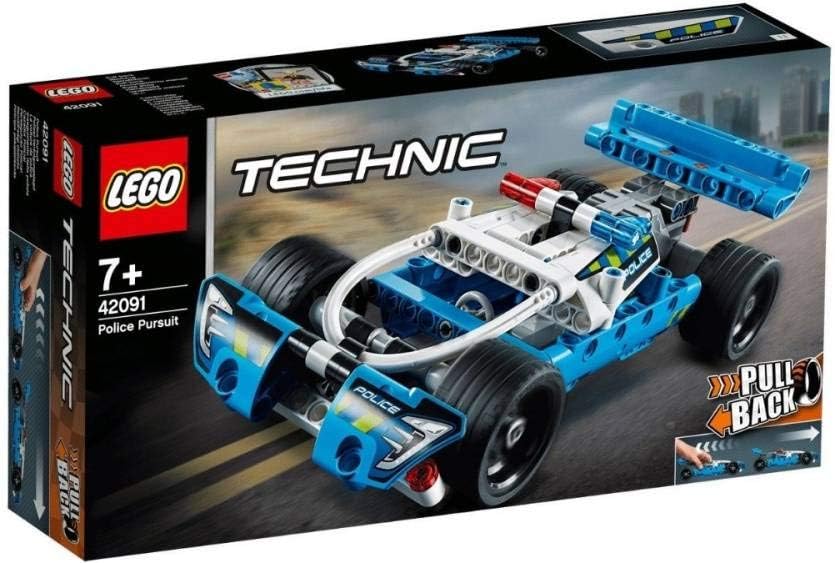 Brick-built futuristic police pursuit car in black and white with a large rear spoiler